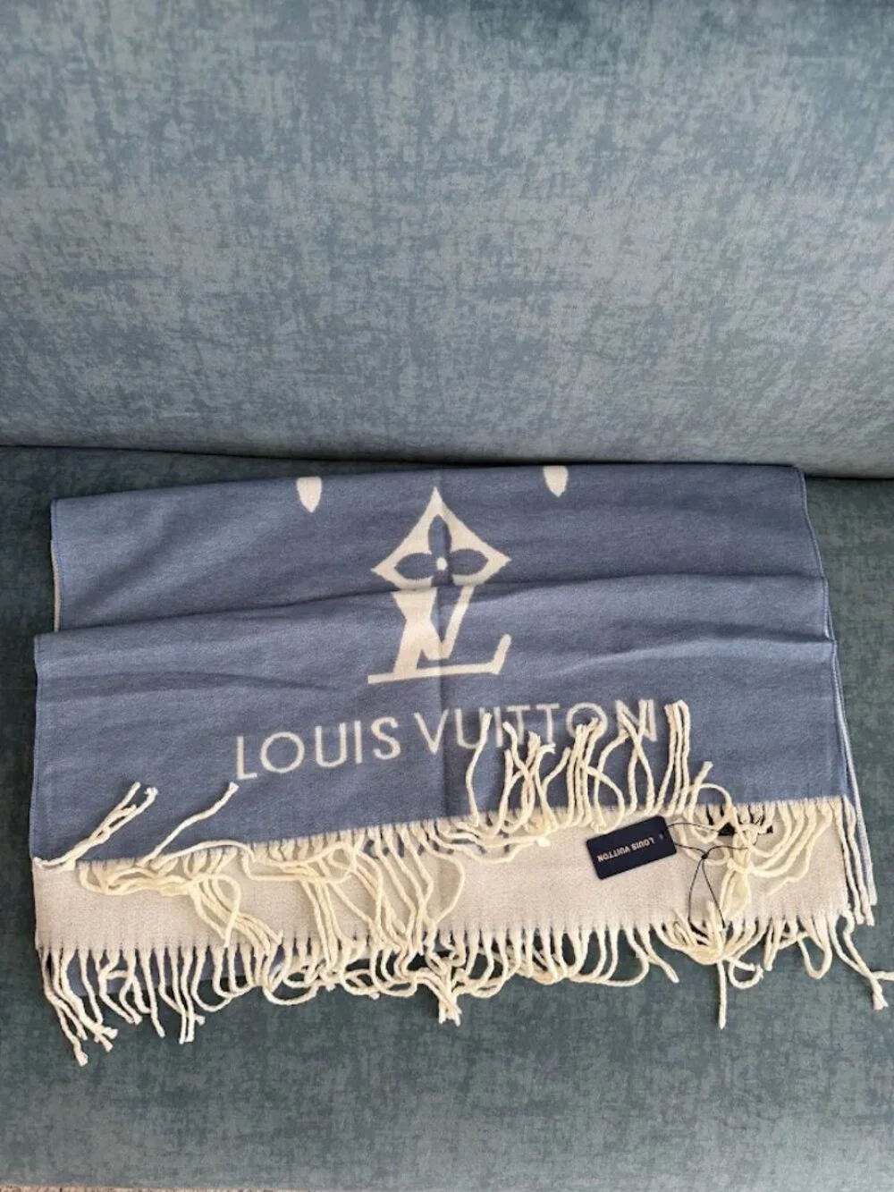 Luxury Blue Ivory 100% Cashmere Oversized Monogram Scarf Wrap Fringe 70 x 25